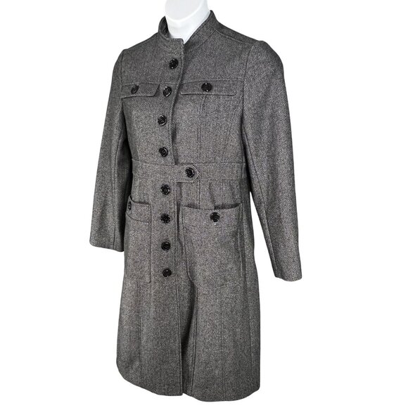 High Style Womens M Wool Gray Military Inspired Herringbone Tweed Coat Old Money - Picture 7 of 16